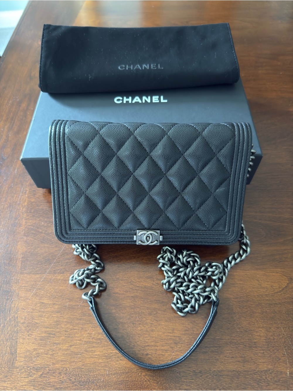 CHANEL Black Quilted Boy Wallet on Chain with Silver-Tone Hardware